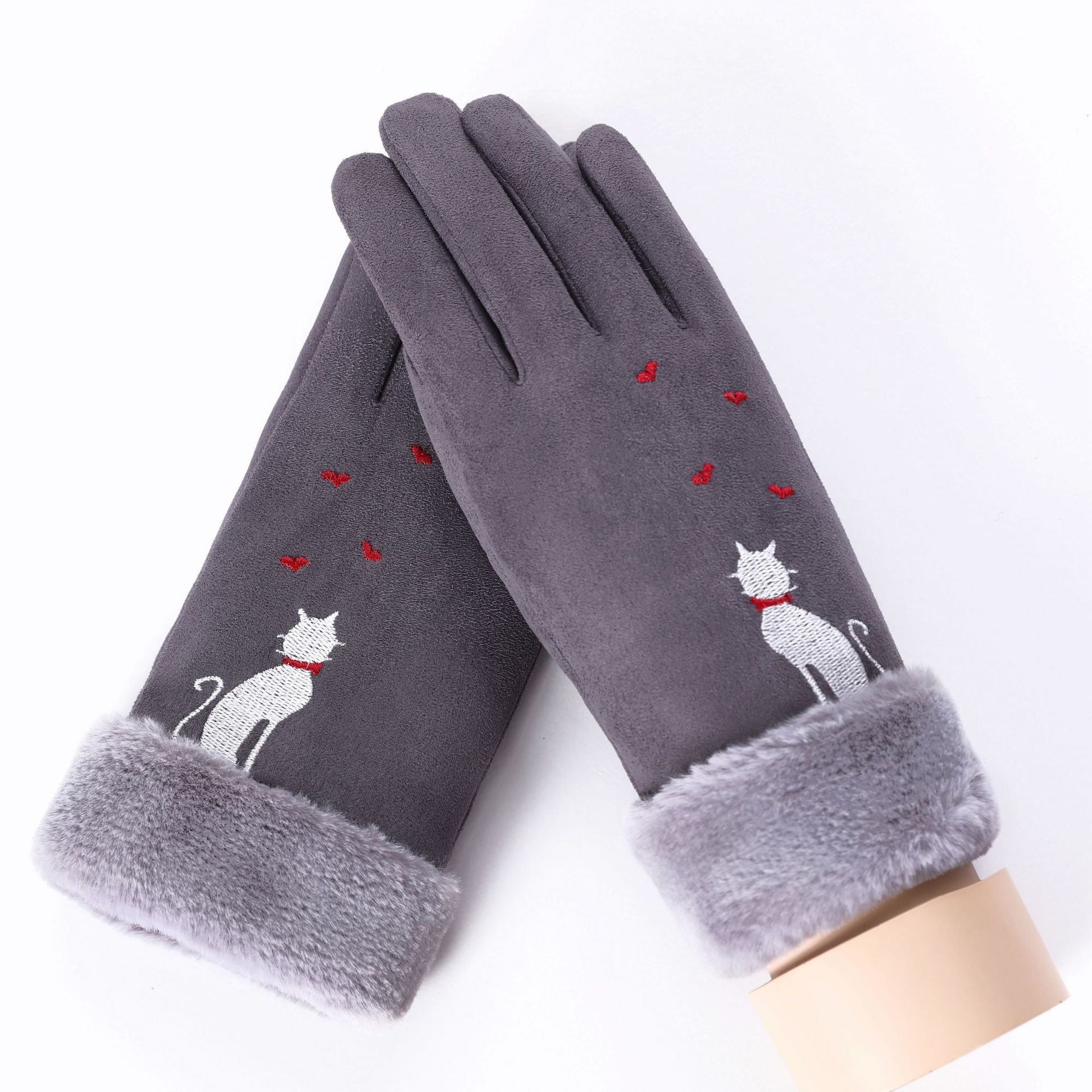 New Winter Female Lace Warm Cashmere Three Ribs Cute Bear Mittens Double thick Plush Wrist Women Touch Screen Driving Gloves 81C