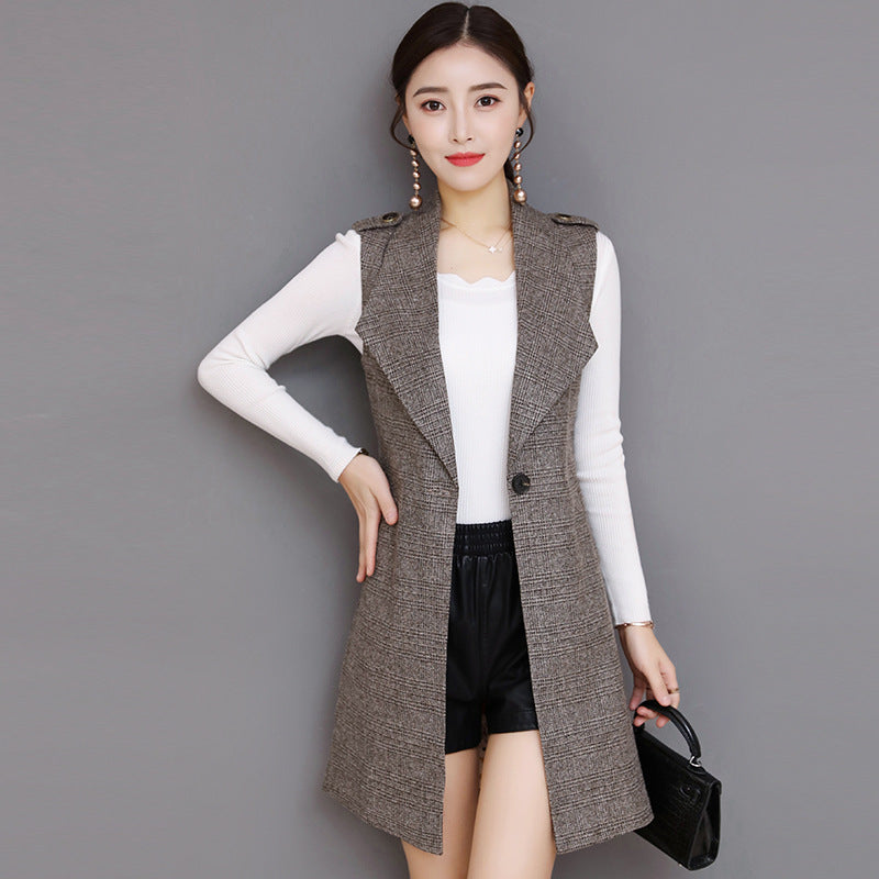 Plaid Long Blazer Vest Women Sleeveless Jacket