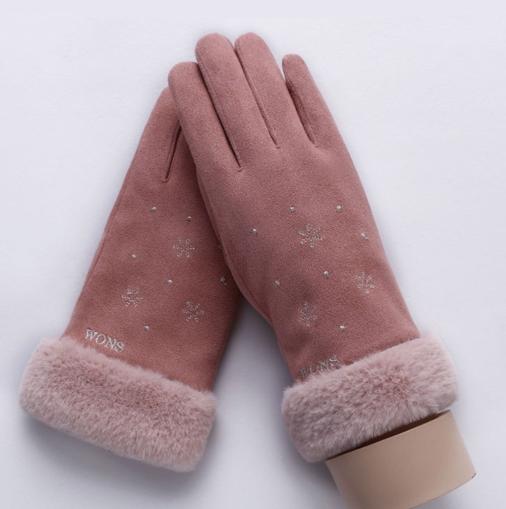 New Winter Female Lace Warm Cashmere Three Ribs Cute Bear Mittens Double thick Plush Wrist Women Touch Screen Driving Gloves 81C