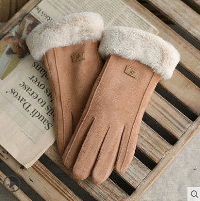 Gloves Female Autumn and Winter Warm Korean Version Plus Velvet Thick five Fingers Retro Suede Touch Screen Gloves Cute Driving