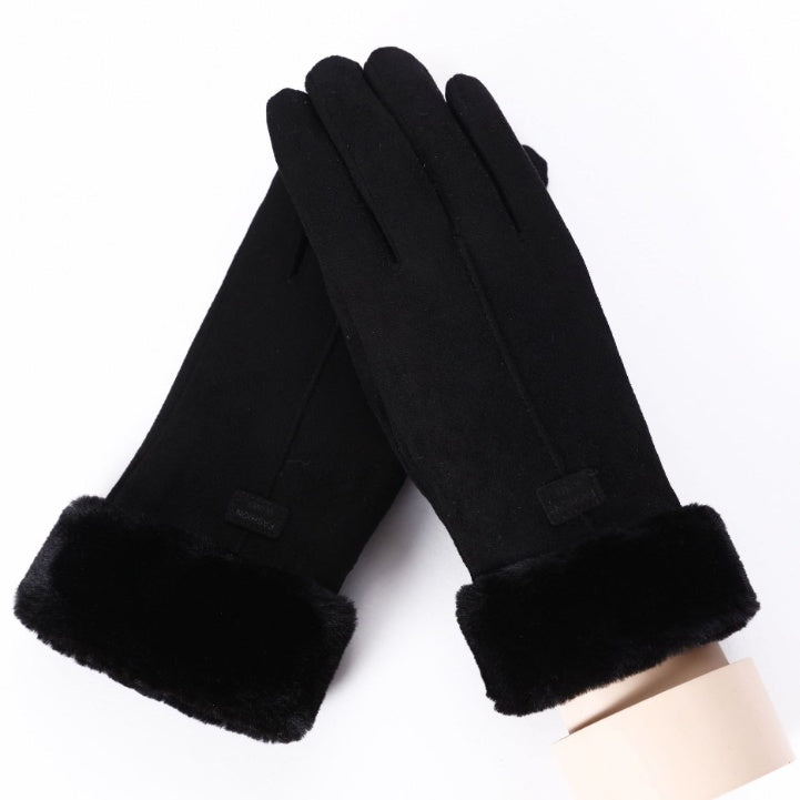 New Winter Female Lace Warm Cashmere Three Ribs Cute Bear Mittens Double thick Plush Wrist Women Touch Screen Driving Gloves 81C