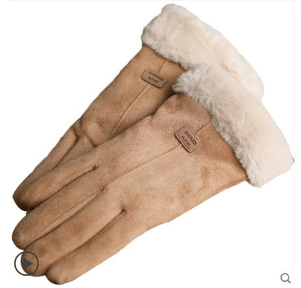 Gloves Female Autumn and Winter Warm Korean Version Plus Velvet Thick five Fingers Retro Suede Touch Screen Gloves Cute Driving