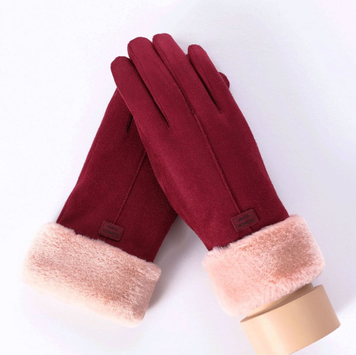 New Winter Female Lace Warm Cashmere Three Ribs Cute Bear Mittens Double thick Plush Wrist Women Touch Screen Driving Gloves 81C