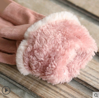 Gloves Female Autumn and Winter Warm Korean Version Plus Velvet Thick five Fingers Retro Suede Touch Screen Gloves Cute Driving