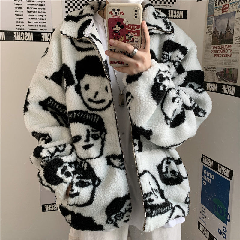 Winter Wool Coat Female Street Wear Chic Cute Funny Print Coats and Jackets Casual Loose Winter Clothes for Women