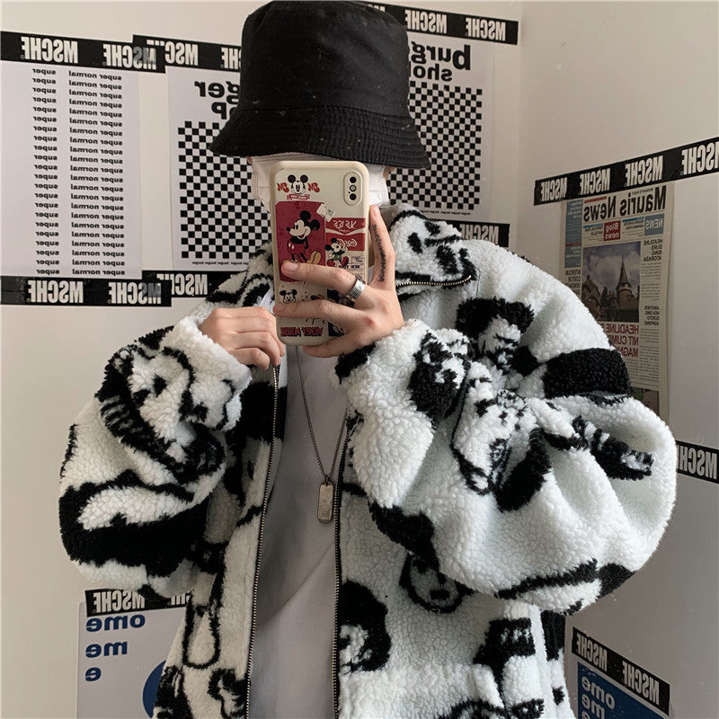 Winter Wool Coat Female Street Wear Chic Cute Funny Print Coats and Jackets Casual Loose Winter Clothes for Women