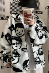 Winter Wool Coat Female Street Wear Chic Cute Funny Print Coats and Jackets Casual Loose Winter Clothes for Women