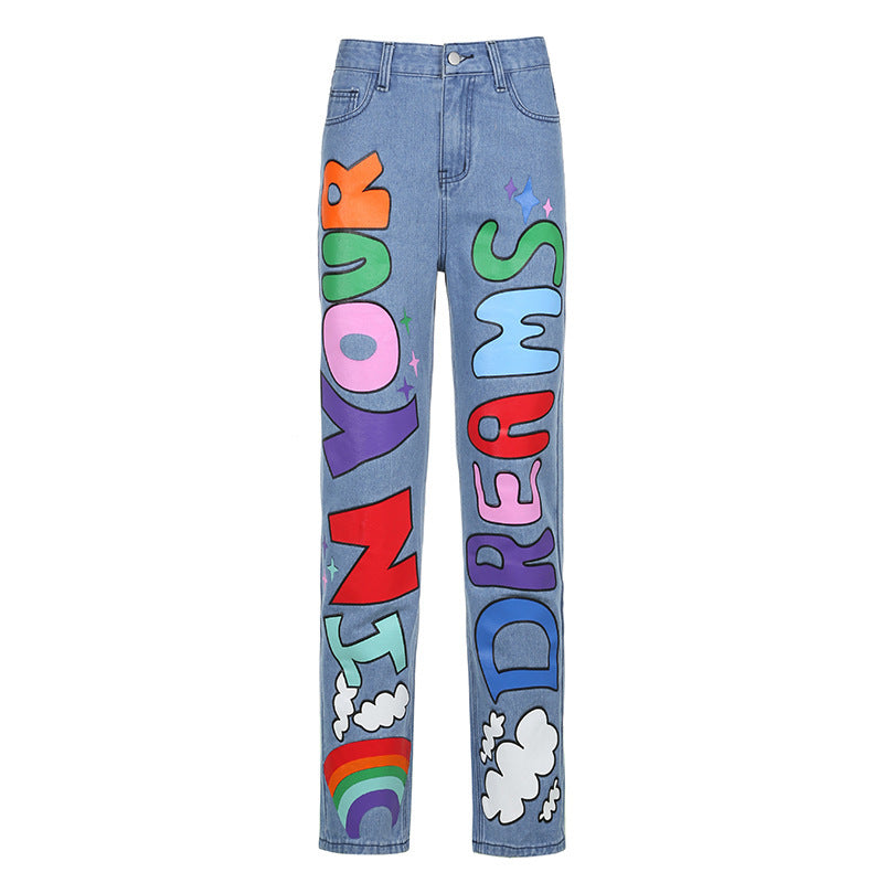 Sexy Contrast Color Letters Graffiti Print Loose Jeans