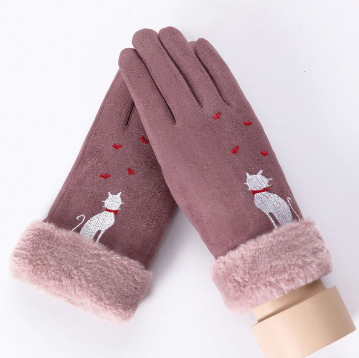 New Winter Female Lace Warm Cashmere Three Ribs Cute Bear Mittens Double thick Plush Wrist Women Touch Screen Driving Gloves 81C