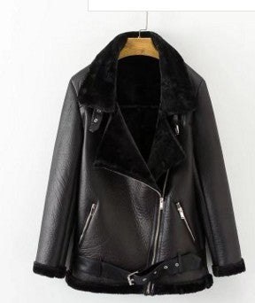 New Winter Fashion High Quality Artificial Fur Zipper Coat Pockets Warm Couples Sashes Leather Jackets Woman