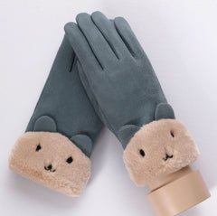 New Winter Female Lace Warm Cashmere Three Ribs Cute Bear Mittens Double thick Plush Wrist Women Touch Screen Driving Gloves 81C