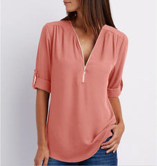 Zip V-neck Shirts Women Short Sleeve Loose Tops