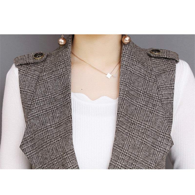 Plaid Long Blazer Vest Women Sleeveless Jacket