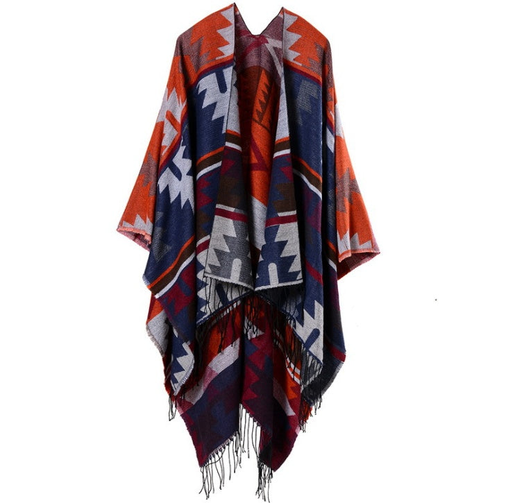 Indian geometric diamonds long thickening cashmere ethnic wind travel split shawl cloak