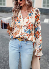 Women's Tops Casual Floral Print V Neck Long Sleeve Shirts Loose Chiffon Blouses Shirts Tops