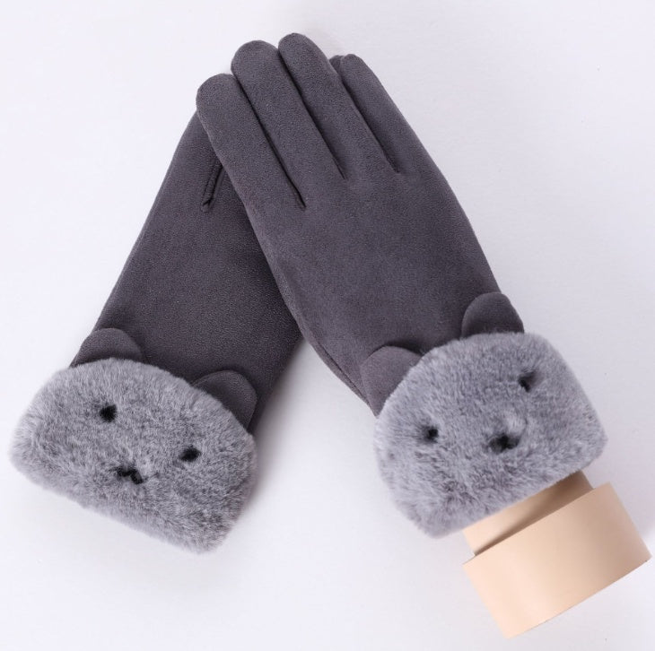 New Winter Female Lace Warm Cashmere Three Ribs Cute Bear Mittens Double thick Plush Wrist Women Touch Screen Driving Gloves 81C