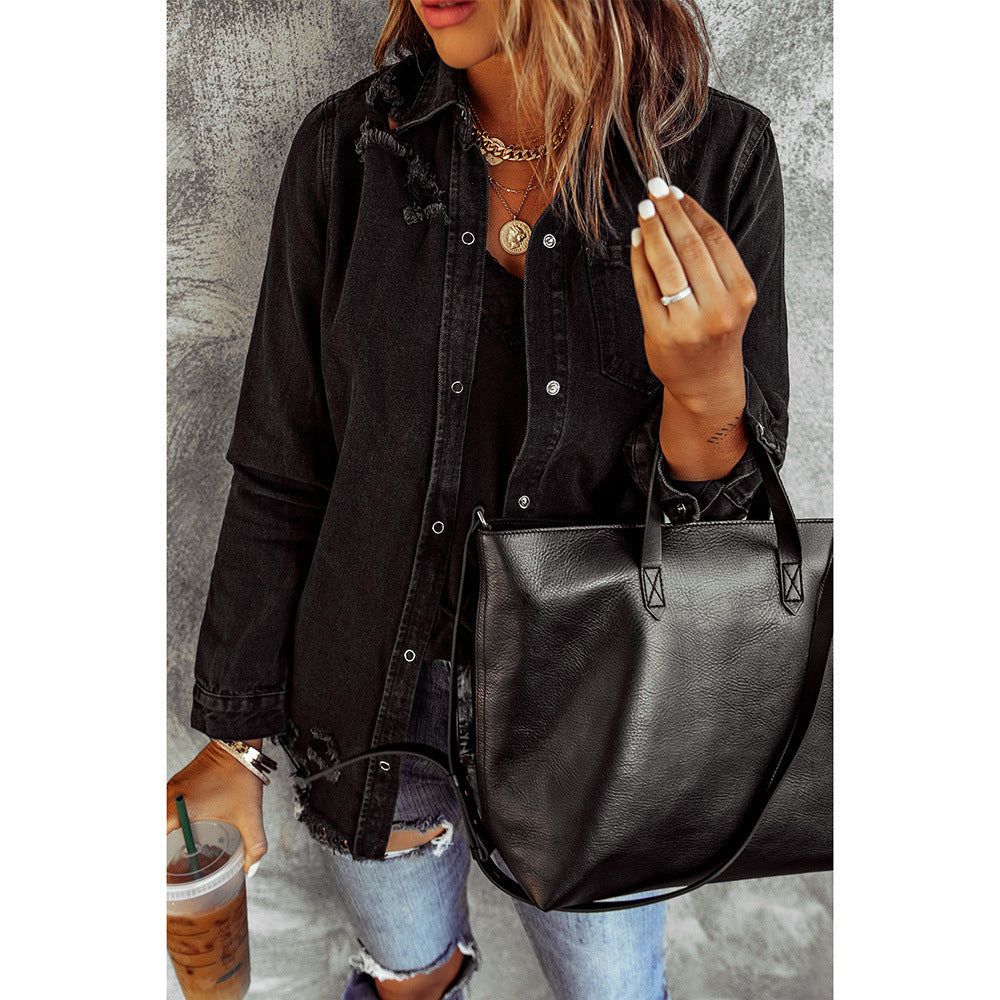 Black Ripped Shirt Denim Long Sleeve Coat Jacket Women