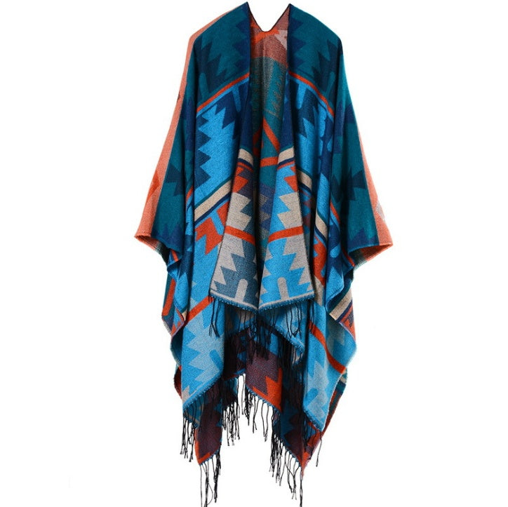 Indian geometric diamonds long thickening cashmere ethnic wind travel split shawl cloak