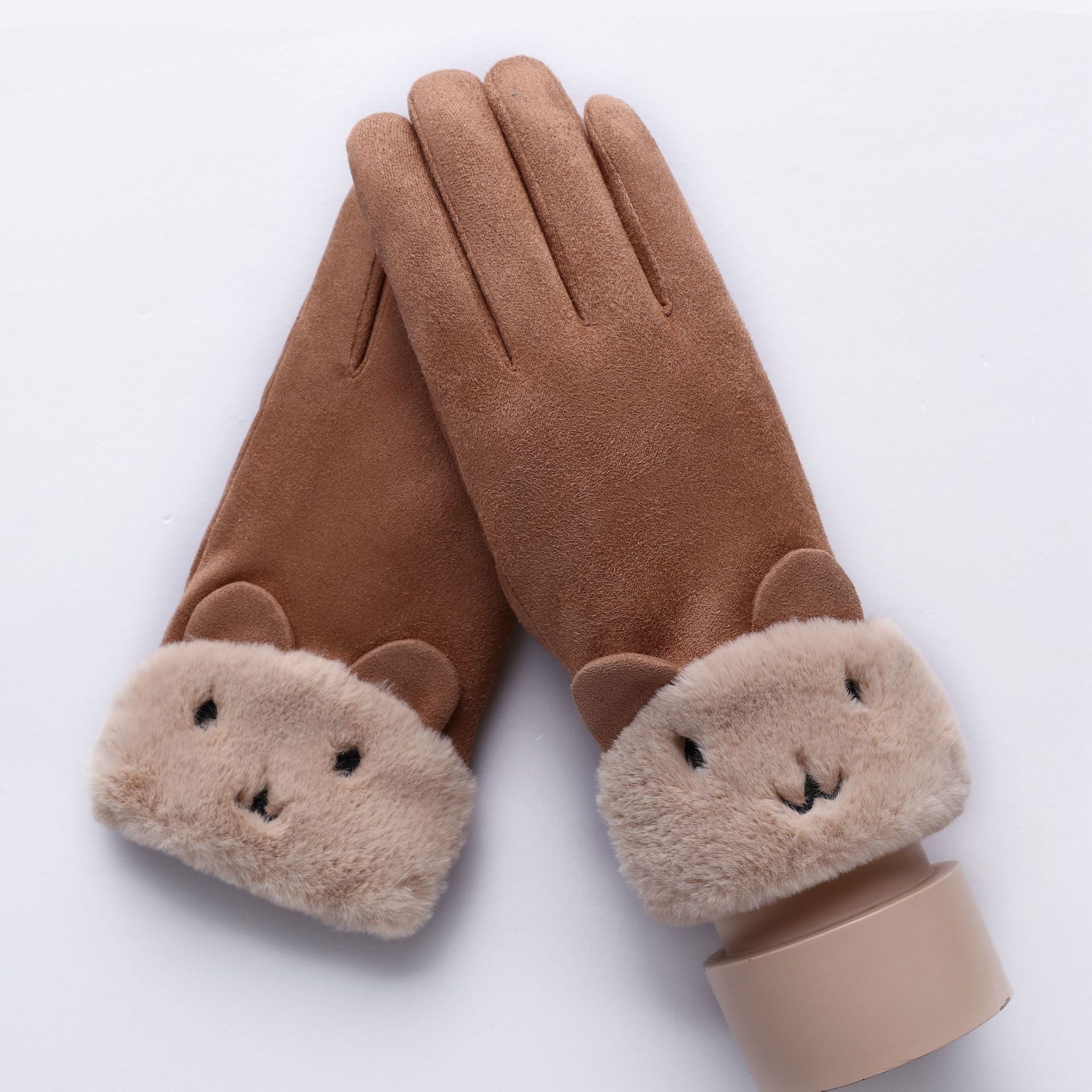 New Winter Female Lace Warm Cashmere Three Ribs Cute Bear Mittens Double thick Plush Wrist Women Touch Screen Driving Gloves 81C