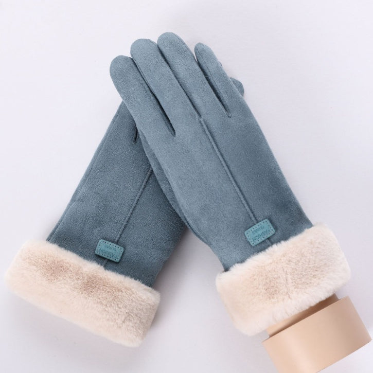 New Winter Female Lace Warm Cashmere Three Ribs Cute Bear Mittens Double thick Plush Wrist Women Touch Screen Driving Gloves 81C