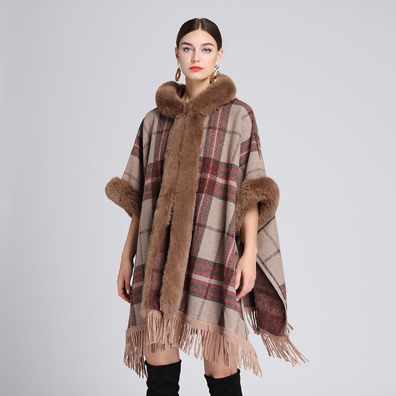 Loose Plaid Plus Cashmere Fur Collar Knitted Inverness