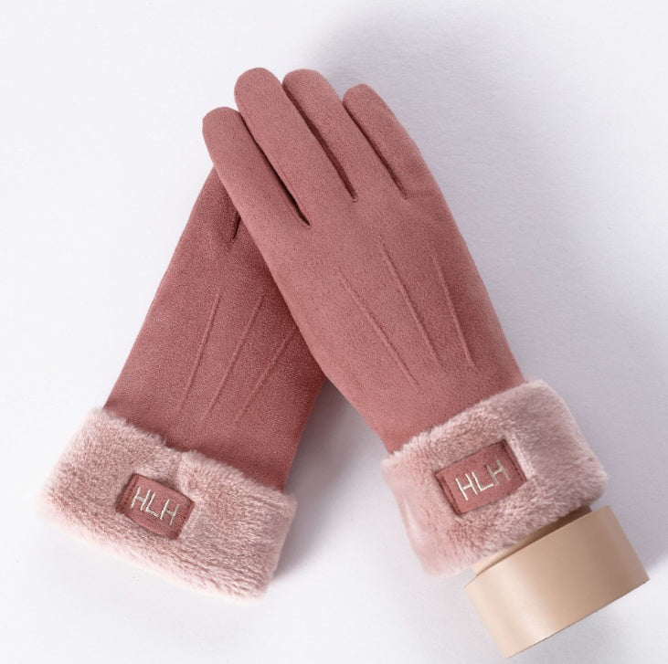 New Winter Female Lace Warm Cashmere Three Ribs Cute Bear Mittens Double thick Plush Wrist Women Touch Screen Driving Gloves 81C