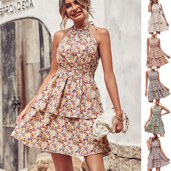 Summer Printed Halter Dress Fashion Boho Backless Ruffled A-Line Beach Dresses For Womens Clothing