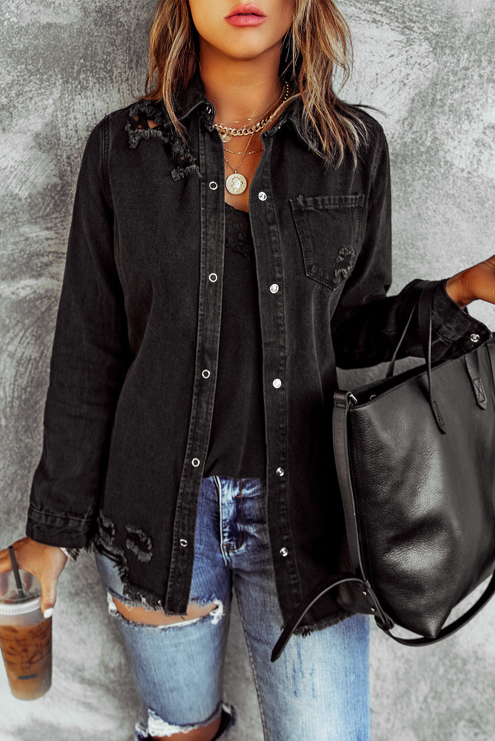 Black Ripped Shirt Denim Long Sleeve Coat Jacket Women