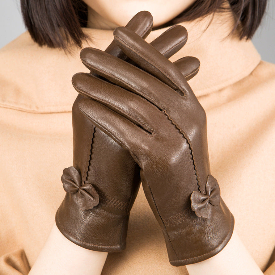 Autumn And Winter Sheep Leather Gloves Women Driving Cold Red Cute Bow Women Plus Velvet Warm Leather Gloves