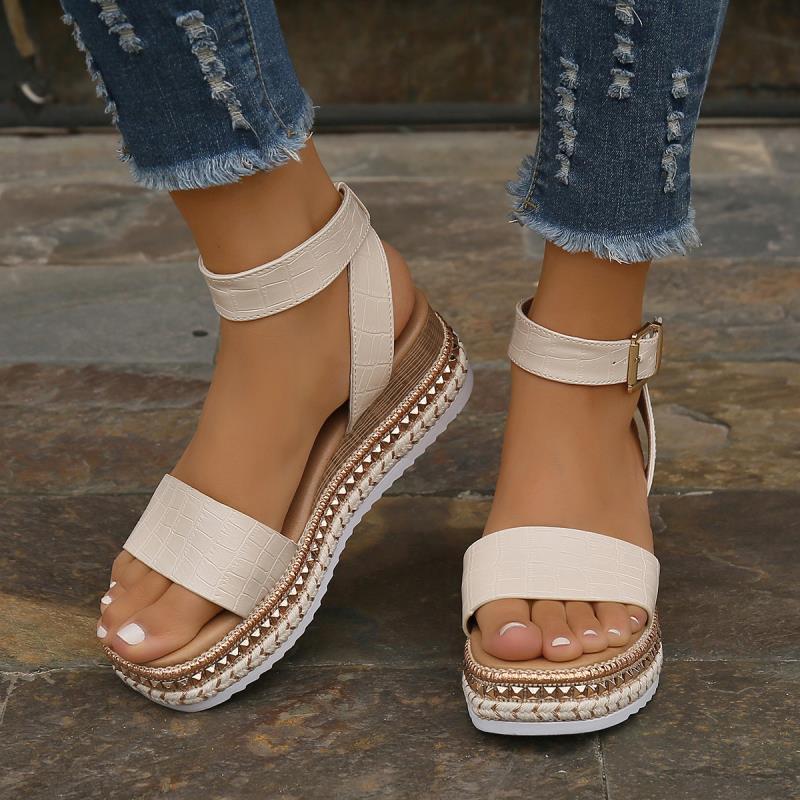 Summer Sandals Buckle Strap Hemp Wedges Platform Peep Toe Shoes Women