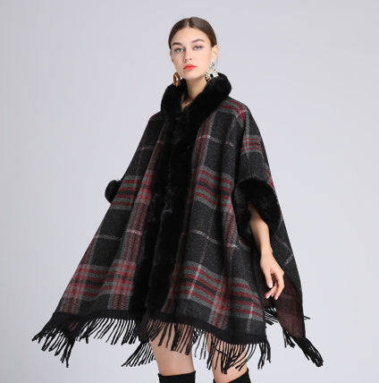 Loose Plaid Plus Cashmere Fur Collar Knitted Inverness